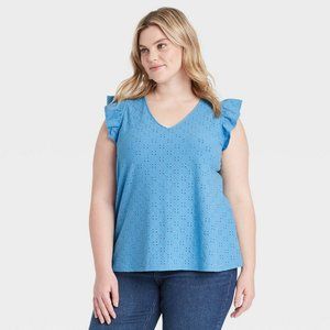 Women's Plus Size V-Neck Short Sleeve Slim Fit Eyelet Ruffle Tank Top